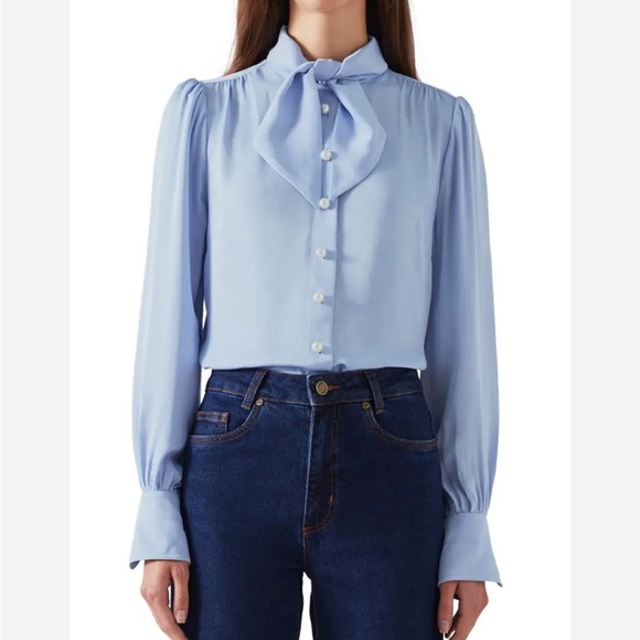LK Bennett Tops - LK Bennett London Hall Tie Neck Blouse Women’s 8 Periwinkle Blue Puff Sleeve